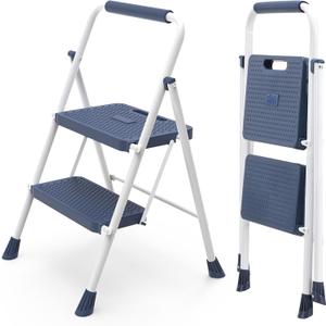 NEWBULIG 2 Step Ladder, Folding Step Stool with Safety Lock, Anti-Slip Design, Portable Foldable Ladder for Home Kitchen, Blue White