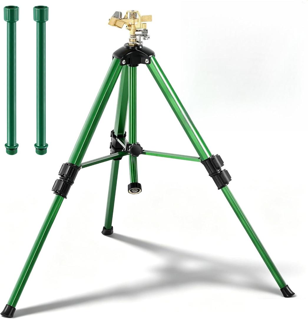 Impact Sprinkler Head on Telescoping Tripod Base with 2 Sprinkler Extensions, Heavy Duty Lawn Sprinklers, 360 Degree Large Area Irrigation, Solid Metal Extension Legs & Bottom Spikes