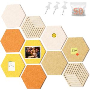 FOCHIER F 10PCS Hexagon Cork Boards for Walls Decor, 12"*10.2" Felt Bulletin Board Tiles Sets for Home Office Class Kitchen with 50 Push Pins, Self Adhesive DIY Pin Board for Photos Memos
