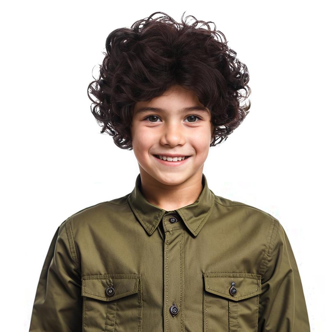 Kids Brown Wig Boys Short Brown Curly Wavy Wig for Child Heat Resistant Synthetic Hair with Cap