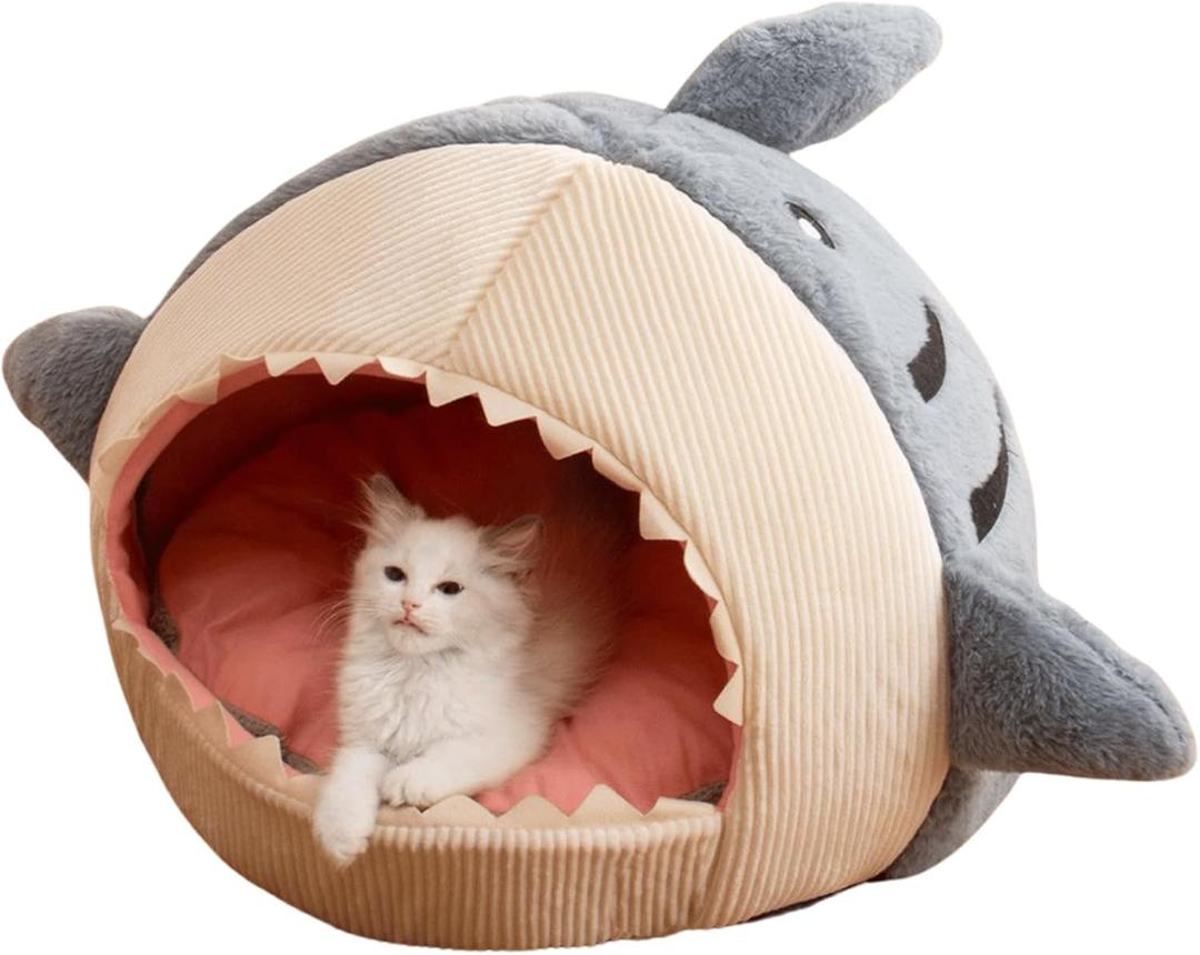 CXYYXF Shark Shape Cat Cave Bed with Thick Cushion, Kitten Cat Soft Warm House for Indoor Cats Anti-Slip Bottom, Cat Tent with Removable Washable Cushioned Pillow (Blue,Large)