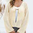 Saodimallsu Womens Summer Crochet Lightweight Cardigans Tie Front Mesh Knit Long Sleeve Casual V Neck Beach Cover Ups (Beige)