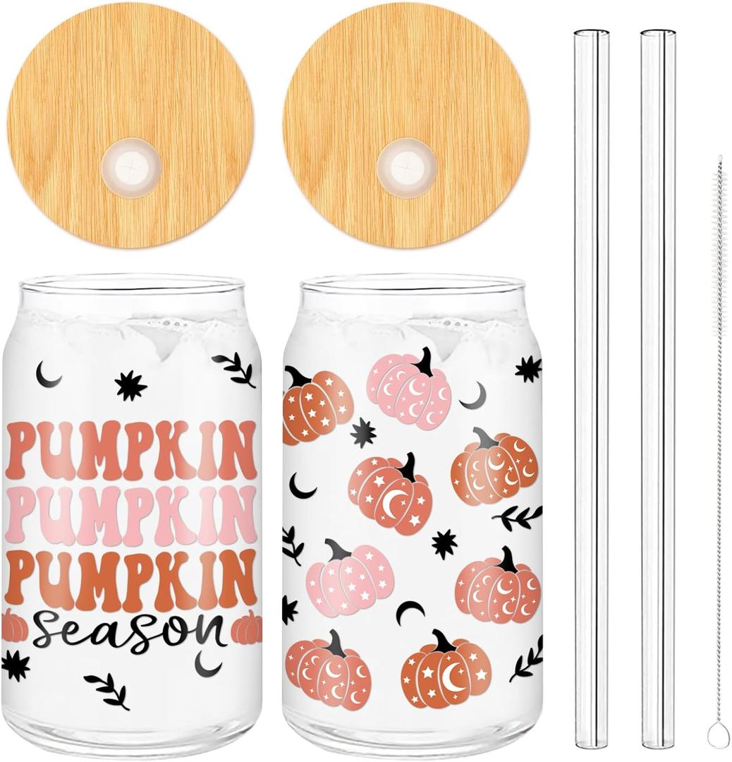 Whaline 2 Pack Halloween Drinking Glasses 16oz Scary Pumpkin Glass Cup Orange Pink Iced Coffee Cup with Lid Straw for Fall Halloween Cocktail Whiskey Beer Soda