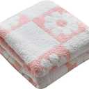 Ultra Soft Cozy Checkered Sunflower Knitted Throw Blanket Fluffy Microfiber Checkerboard Bed Blanket Lightweight Both Sides Throw Blanket for Couch Sofa Bed 50"X60" Pink
