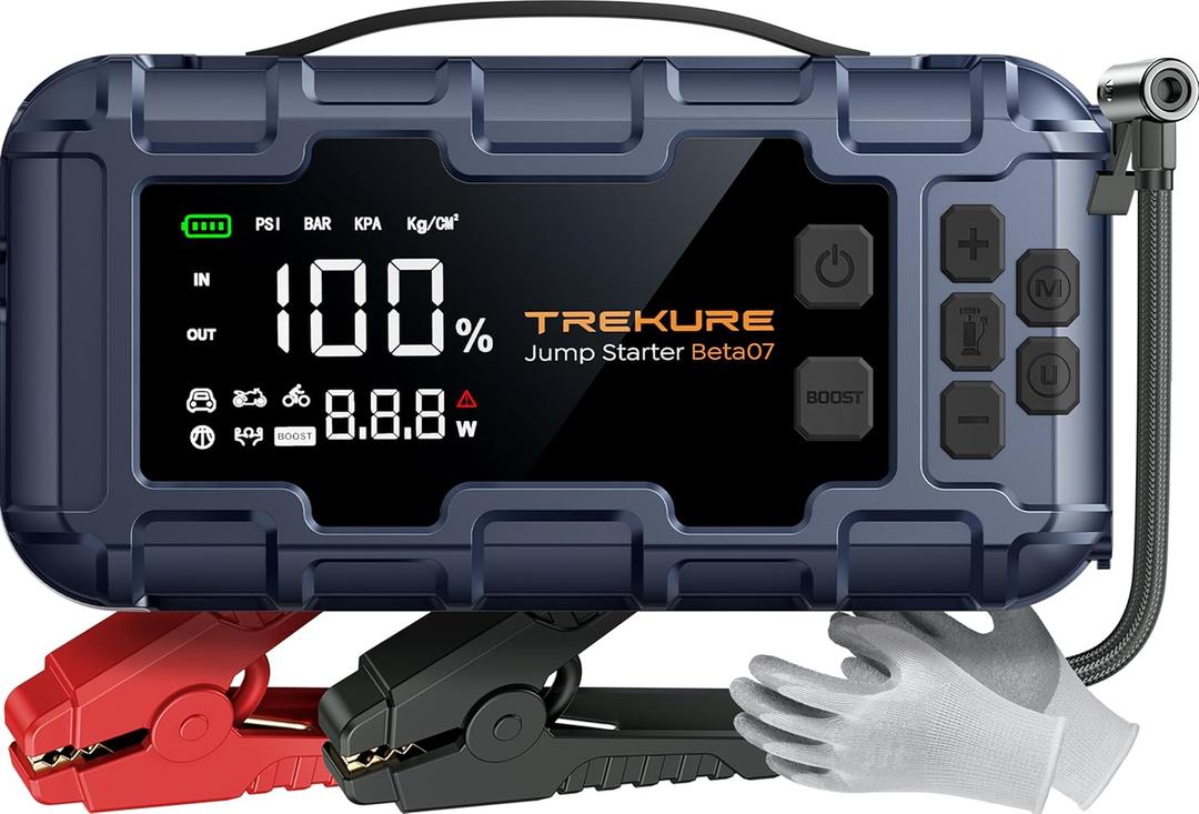 TREKURE 10-in-1 Car Battery Jump Starter Box with Jump Cables & Gloves for All Gas & 12L Diesel, 8000A Portable Battery Charger with Air Compressor, 160PSI, PD45W Charging