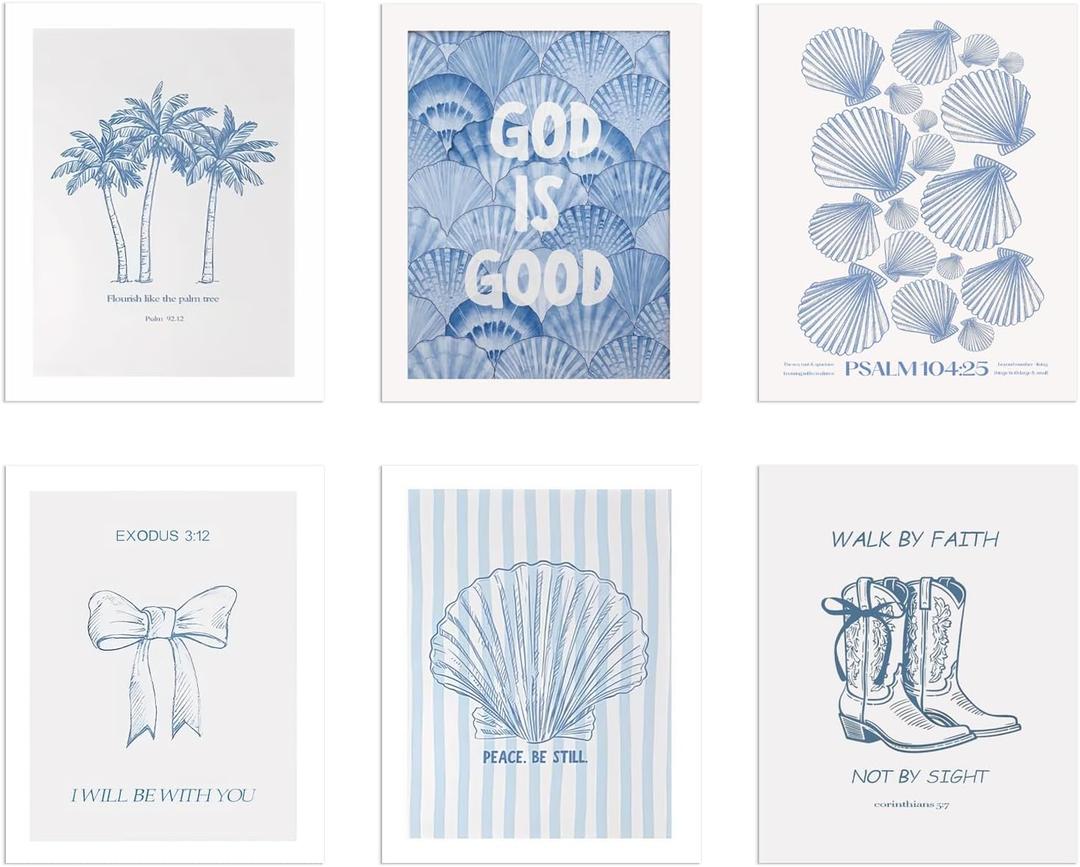 6Pcs Coastal Christian Wall Art Posters Bible Verse Canvas Wall Decor Blue Seashell Scripture Prints Pictures Preppy Aesthetic Paintings Religious Artwork for Girls Bedroom Bathroom 8x10 Inch Unframed