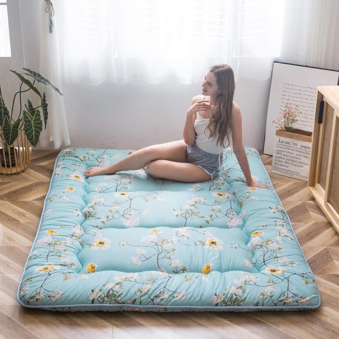 MAXYOYO Rustic Floral Korean Floor Mattress Japanese Futon, Foldable Roll Up Camping Lounger Couches and Sofas Mattress Topper Queen Size