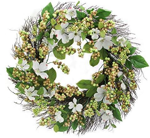 Admired By Nature 22" Artificial White Dogwood Berry Wreath Spring Summer Wreaths for Front Door Farmhouse Wreaths Outdoor Indoor decorative door Wreath For Front Door Home Office Holidays Décor