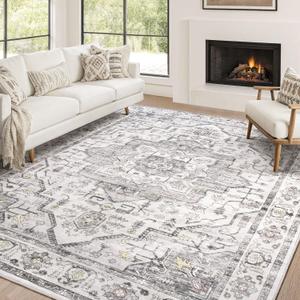 Area Rug 10x12 Washable Vintage - Soft Traditional Rugs for Living Room Large Non Slip Backing with Low Pile Farmhouse Oriental Retro Carpet for Bedroom Dining Room or Home Office - Grey