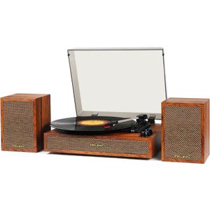 Vinyl Record Player with External Speakers, 3 Speed Bluetooth Turntable for Vinyl Records, Vintage Belt Drive Record Player with Stereo Speakers and Auto Stop, RCA Audio Out and Aux-in,Light Wood