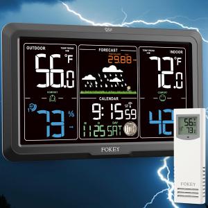 Weather Station Wireless Indoor Outdoor, Indoor Outdoor Thermometer Wireless Clock, Weather Stations Digital Home Gauge 7.6in Large Display Atomic Clock Temperature Humidity Phase, Black