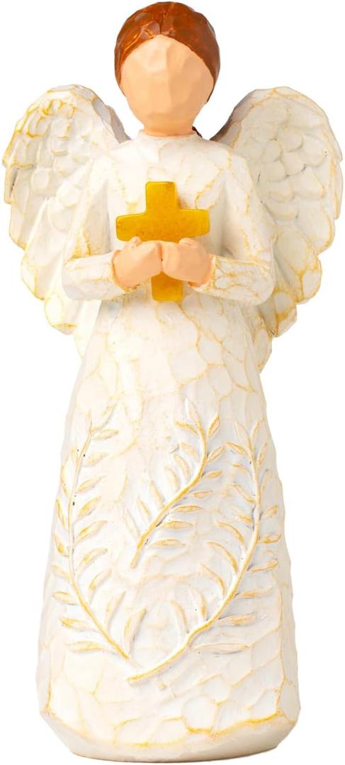 6.1 Inch Resin Angel Statue Holding Yellow Crystal Cross - Handcrafted White Religious Figurine, Christian Sympathy Gift for Women, Healing Home Decor for Easter Thanksgiving Christmas
