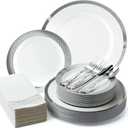 By Madee HEAVYWEIGHT 175 Pc White and Silver Disposable Plates and Utensils Set with Glam Napkins  Fancy Plastic Dinnerware Sets for Weddings, Bridal Showers Any, Special Occasions (25 Guests)