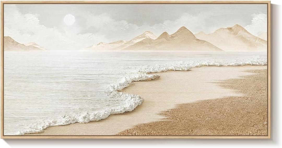 Framed Neutral Coastal Beach Wall Art for Living Room, Large Boho Ocean Canvas Artworks for Walls, Horizontal Abstract Minimalist Coastal Art Print for Bedroom Kitchen Office Wall Decor, 24x48 Inch
