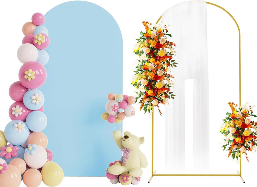 Putros 6.6ft Metal Arch Stand with Cover Dusty Blue Spandex Fitted Wedding Arch Cover and Round Top Chiara Backdrop Stand Set for Birthday Party Baby Shower Decoration