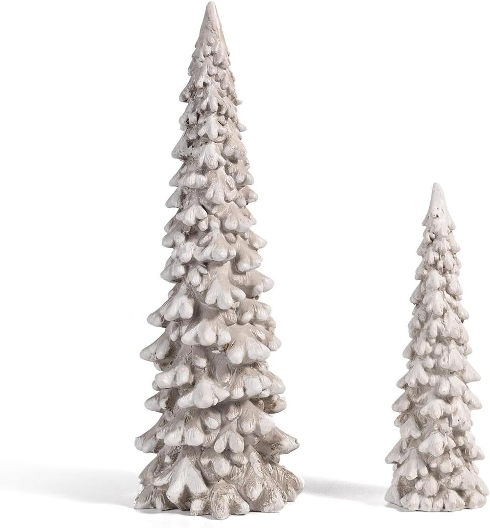 RM ROOMERS 2Pcs Resin Christmas Tree Statues Clearance, Table Top Small White Christmas Decorative Figurine Set, Indoor Artificial Xmas Tree Figurines for Desk Mantel Decor Gifts