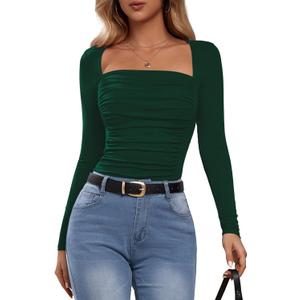 2 x Amoretu Women's Long Sleeve Tops Square Neck Shirts Sexy Ruched Slim Fit Going Out T-Shirts (M)