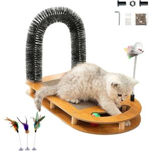 Cat Scratching Board with Cat Arch Self Groomer and Kitty Ball Toys, Cat Scratcher Cardboard for Indoor Cats, Eco-Friendly Wood, Durable, Stable and Non-Slip, Kitten Scratcher Pad (U-Shaped)