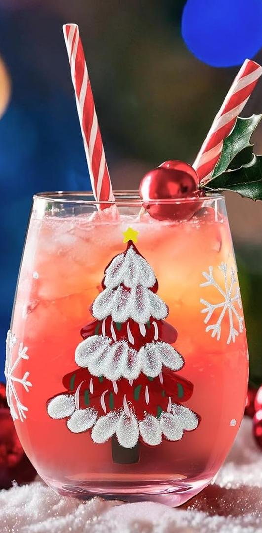 Joeyan Christmas Crystal Stemless Wine Glasses,Hand Painted Red or White Wine Glass Tumbler Cups,Large Green Xmas Tree and Snowflakes Patterned Drinking Glasses, Gift for Men Women Family, 19oz, Set of 2