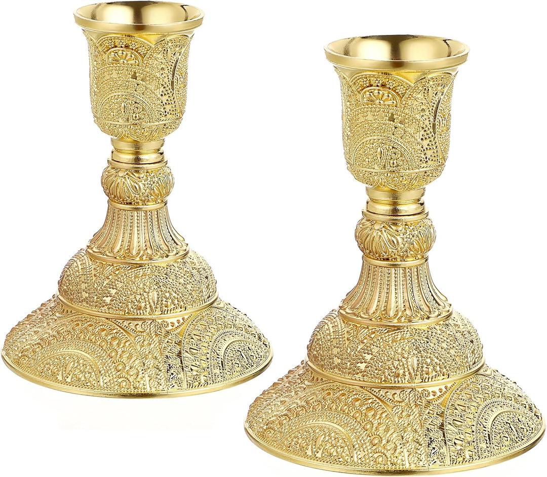 OwnMy 2PCS Brass Taper Candle Holders Candle Stick Holders Set Vintage Metal Pillar Candlestick Holders, 4H Elegant Candle Stand Candelabra for Dining Table Centerpieces Wedding Home Decoration, Gold