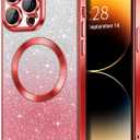 Hython for iPhone 14 Pro Case Clear Magnetic Glitter Phone Cases [Compatible with MagSafe] Full Camera Lens Protector Slim Gradient Sparkle Luxury Plating Shockproof Protective Cover Women, Red