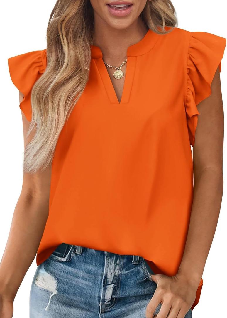 Zenlonr Womens Summer Tops 2025 Casual V Neck Ruffle Cap Sleeve Blouse Shirts Basic Tunic Tops Spring Outfits (Medium, Orange)