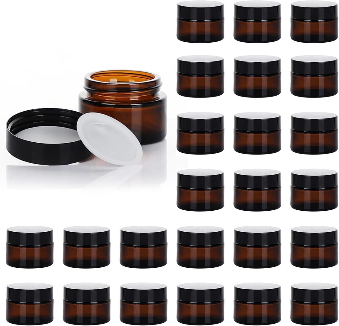 1oz Glass Jar with Lid, Hoa Kinh 25Pack Amber Round Containers Cosmetic Glass Jars with Inner Liners and Black Lids Travel Jars for Storing Lip and Body Scrub, Lotion, Body Butter, Bath Salts, Liquid