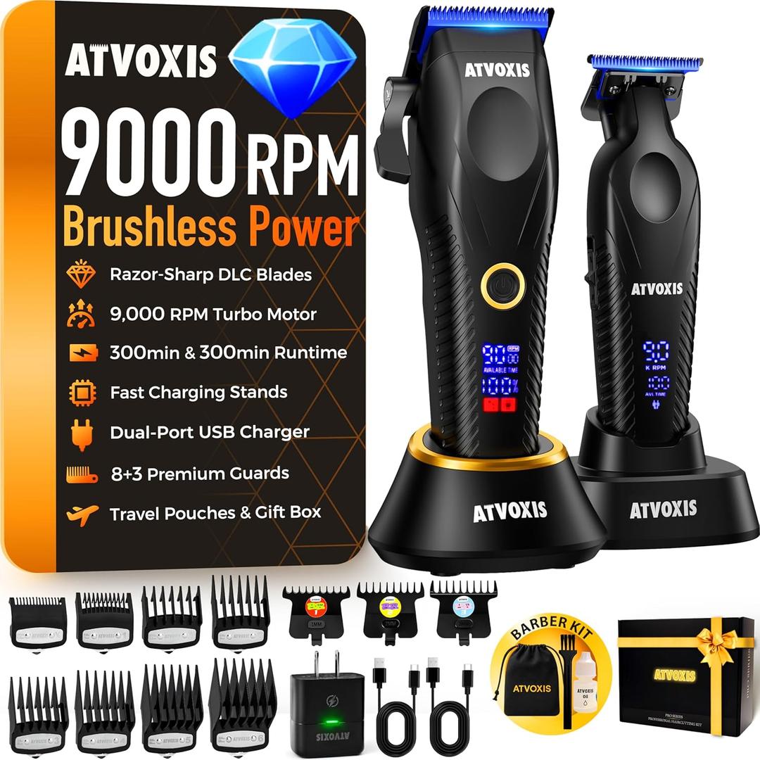 9000 RPM Brushless Motor Professional Hair Clippers Set for Men: Cordless Clippers & Zero Gap Trimmers with DLC Blades LED Display Fast Charging Stands Travel Pouch Maquina Para Cortar Pelo De Hombre