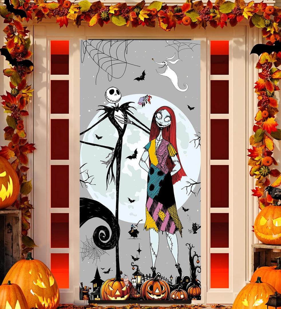 2 x Jack Skellington Sally Banner Nightmare Before Christmas Halloween Decorations Door Cover Xmas Porch Door Sign Welcome Banner for Indoor Outdoor Wall Home