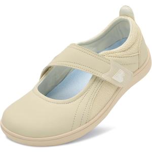BARERUN Womens Walking Shoes Black Mary Jane Shoes Wide Toe Diabetic Shoes for Women Adjustable Ultlight Breathable Barefoot Shoes Cozy Zero Drop Non Slip Daily Shoes Beige 9 Wide