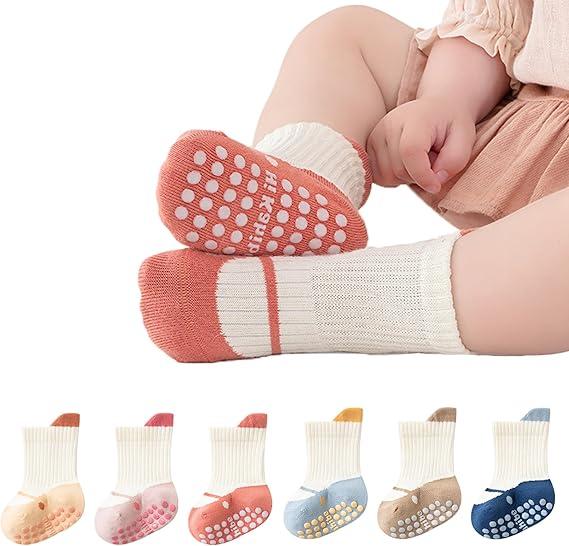 BEHELE Baby Toddler Non-Skid Crew Socks Non Slip Socks Girl Boy Newborn Infant First Walking Floor Socks 6 Pairs (US, Age, 1 Year, 3 Years, Shoe-Like)