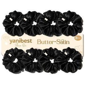 Yanibest 8 Pcs Satin Scrunchies - Silk Scrunchies Ponytail Holders, Soft Satin Hair Ties No DamageHair Accessories for Women Girls (Black)