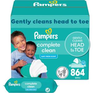 Pampers Baby Wipes, Complete Clean Baby Fresh Scented Wipe, Gently Cleans Head to Toe, 864 Total (12 Flip-Top Packs)