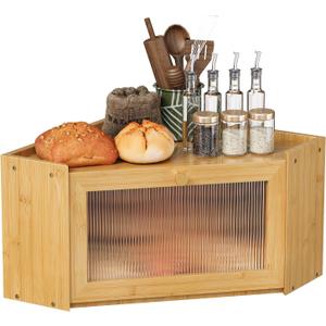 Corner Bamboo Bread Box for Kitchen Counter Large Capacity Rustic Bread Storage Container with Wavy Arcylic Transparent Door Vintage Storage for Homemade Bread (Natural Bamboo)