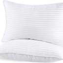 Sherwood Queen Size Cotton Pillow Set, 2 Pack Down Alternative Fiberfill Hotel Pillows for Sleeping (White Strips, Queen 20x30 inches)