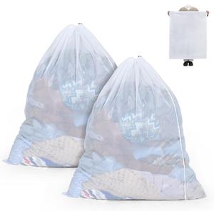OTraki Ex-Large Mesh Laundry Bag 36x43 Inch Drawstring Laundry Wash Bags 2 Pack Dirty Clothes Net Laundry Bag Heavy Duty Travel Storage Organize Bag Don't Drying, Melting 140-176 White