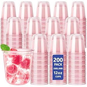 Xuelimei 12oz Disposable Stemless Glasses, PET Disposable Drinking Cups, Cold Party Clear Plastic Wine Glasses for Parties Birthday, Wedding, Meeting, Christmas Party Supplies. (200, Pink)