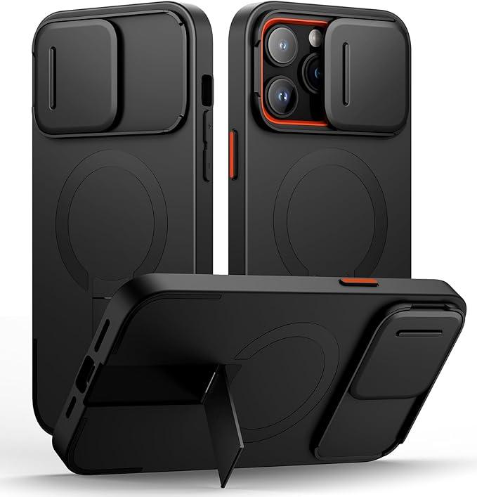 SURITCH for iPhone 14 Pro Max Case with Magnetic Camera Slide Cover and Adjustable Kickstand, Compatible with MagSafe, Shockproof Bumper Case Slim Protective Cover 6.7 Inch, Black
