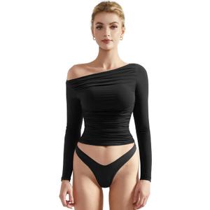 SUUKSESS Women Off Shoulder Long Sleeve Shirts Double Lined Fitted Crop Tops (Medium, Black)