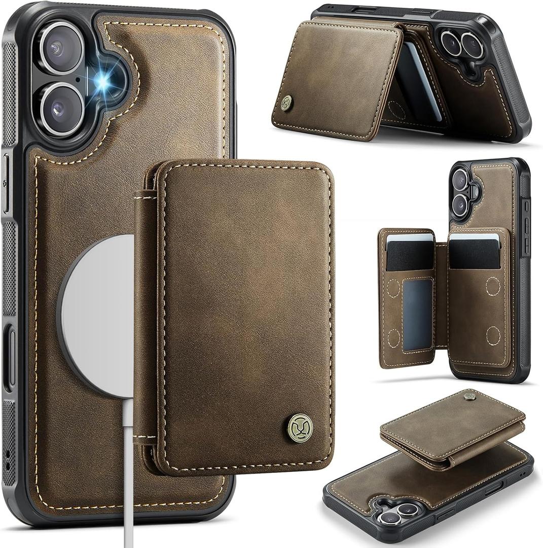 Compatible with Magsafe for iPhone 16 Wallet Case Magnetic Card Holder, RFID Blocking 2 in 1 Detachable Kickstand Shockproof Case for Apple iPhone 16, Brown