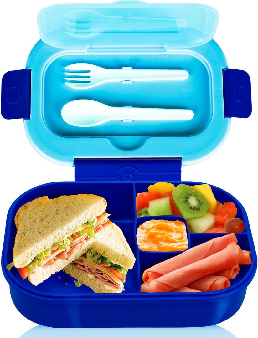 Generic DifaBella Kids Lunch Box with Antispill Lid, Bento Box for Kids with 4 Compartments BPA-Free Plastic, Spoon & Fork Included, Compact and Colorful Meal Container (Blue), 8.66 x 5.9 x 2.7