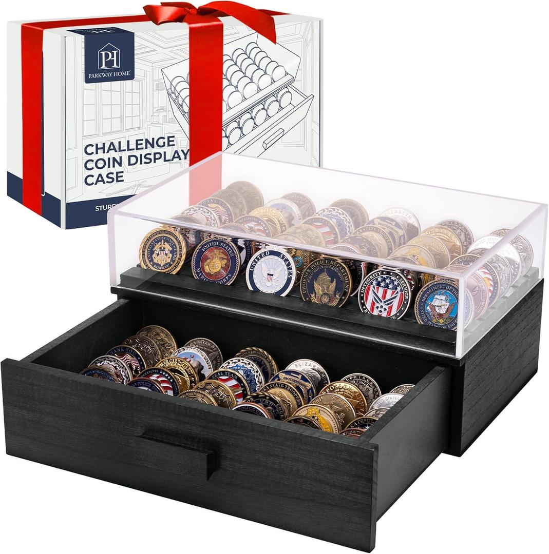 Large Black Wooden Challenge Coin Display Case with Clear Cover - Military Coin Display Case Holds 36 Coins on Top & 36 in The Storage Drawer - Versatile Coin Stand Holder & Poker Chip Display Case