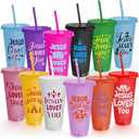 Geosar 20 Pcs Christian Gifts Bulk Jesus Loves You Cups with Lids and Straws Plastic Christian Tumbler Bulk Bible Verse Inspirational Cups Travel Mug for Sunday School Church Supplies(24 oz)