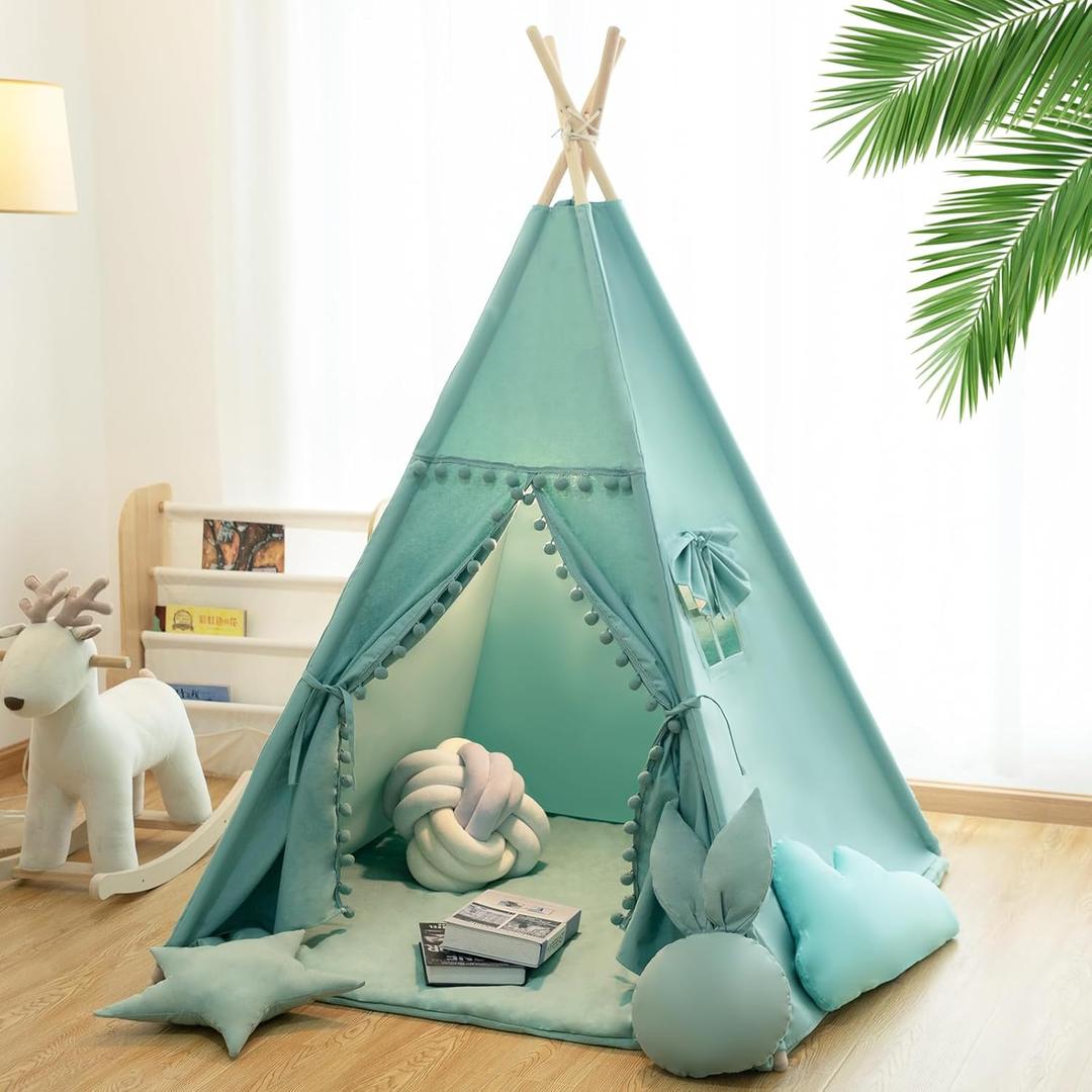 Teepee Tent for Kids with Mat, Star Lights, Carry Case, Cotton Canvas Playhouse, Foldable Tents, Portable Children Play Tent Indoor Outdoor (Jewelry Blue)