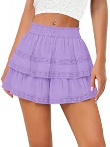 MIYIEONZ Women's Flowy Summer Shorts for Women Lace Layered Ruffle Pleated High Waist Mini Skirts Casual Swing Small Purple Beach Skorts