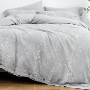 Duvet Cover Set Full/Queen Size Washed Cotton Yarn, Jacquard Gray and White Thin Branch Pattern Floral Style 3Piece Bedding Set