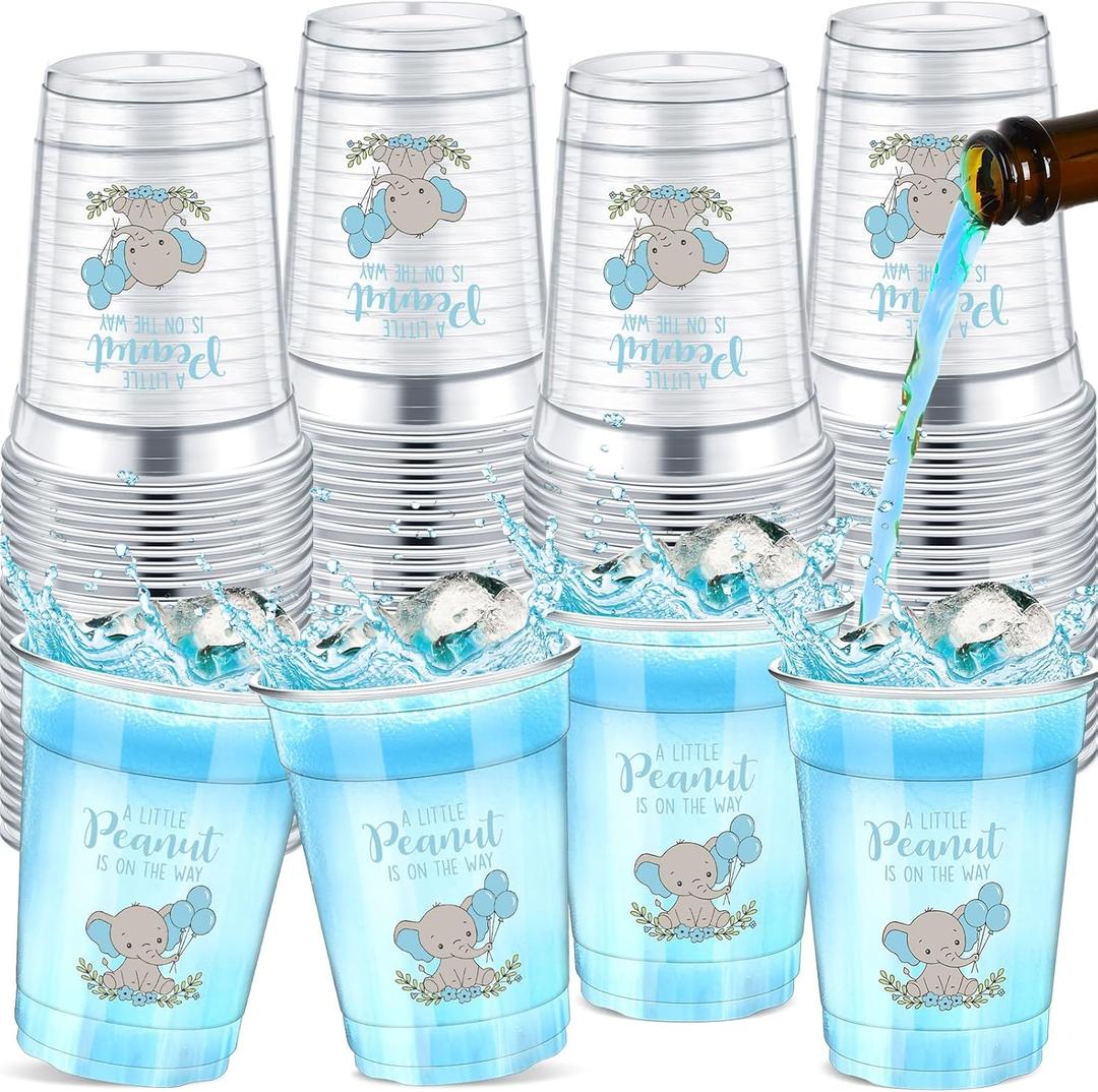 Meanplan 50 Pcs 12oz Elephant Pattern Baby Shower Party Plastic Cups A Little Peanut Is on the Way Disposable Clear Cups for Baby Shower Gender Reveal Supplies Decorations(Blue Grey)
