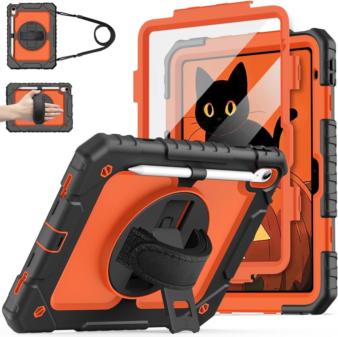 Cantis Case for iPad 11-inch (A16) 2025/ iPad 10th Generation 2022 (10.9 inch) with Screen Protector, 11th Case with 360 Degree Rotating Stand/Shoulder Strap/Pencil Holder, Black+Orange+Black