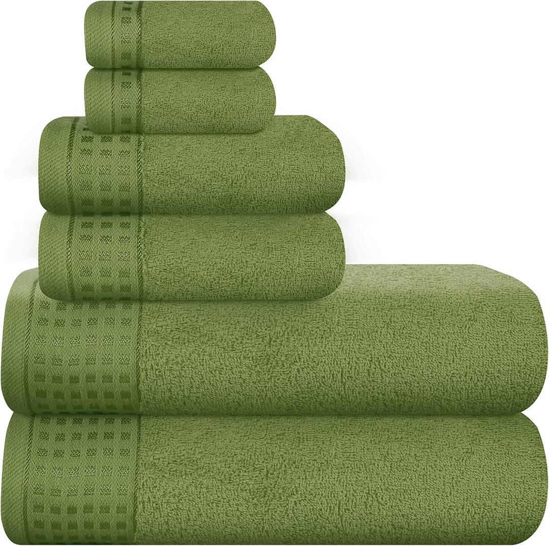 GLAMBURG 100% Cotton Ultra Soft 6 Pack Towel Set, Contains 2 Bath Towels 28x55 Inches, 2 Hand Towels 16x24 Inches & 2 Wash Coths 12x12 Inches, Compact Absorbent Lightweight & Quickdry - Kiwi Green