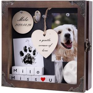 8.6'' Pet Memorial Shadow Box, Customizable Display Case for Dog Cat, Paw Print Hair Preservation, Picture Frame with Paw Print Kit Ashes Fur Jar as Pet Loss Sympathy Gift